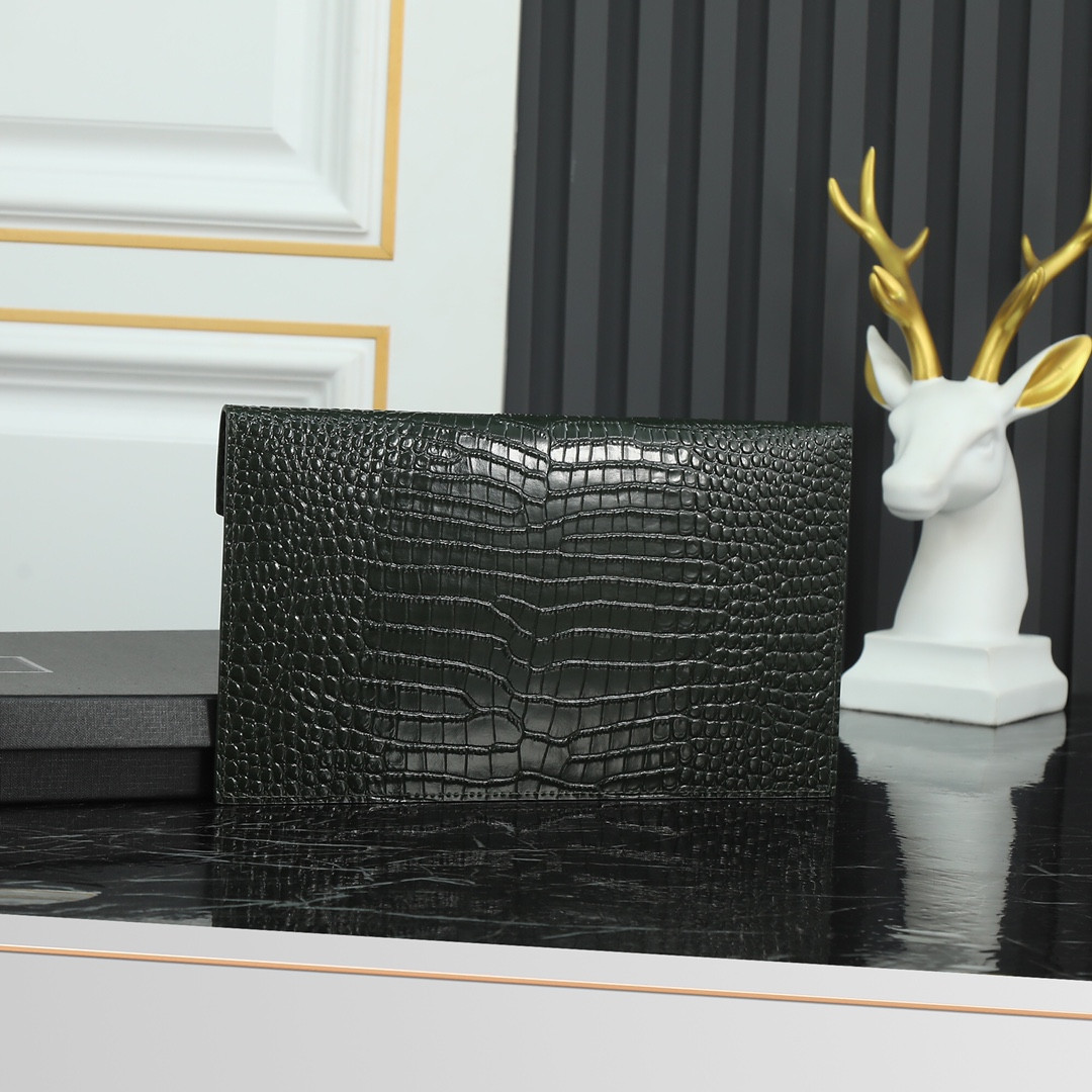 Y51 uptown pouch in crocodile-embossed shiny leather black 10.6 x 6.2 x 0.7 inches