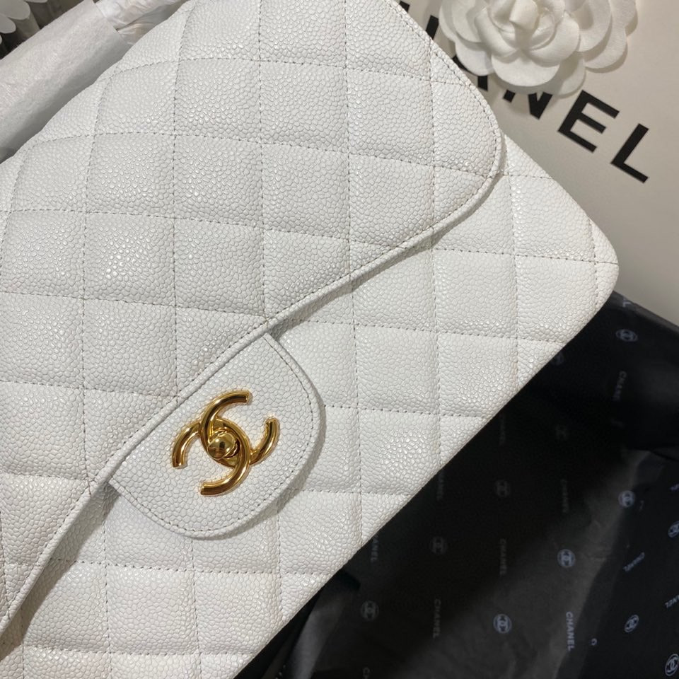 Ch**el Classic Flap Jumbo 30cm CF White Gold  7.6 × 11.7 × 3.9 in