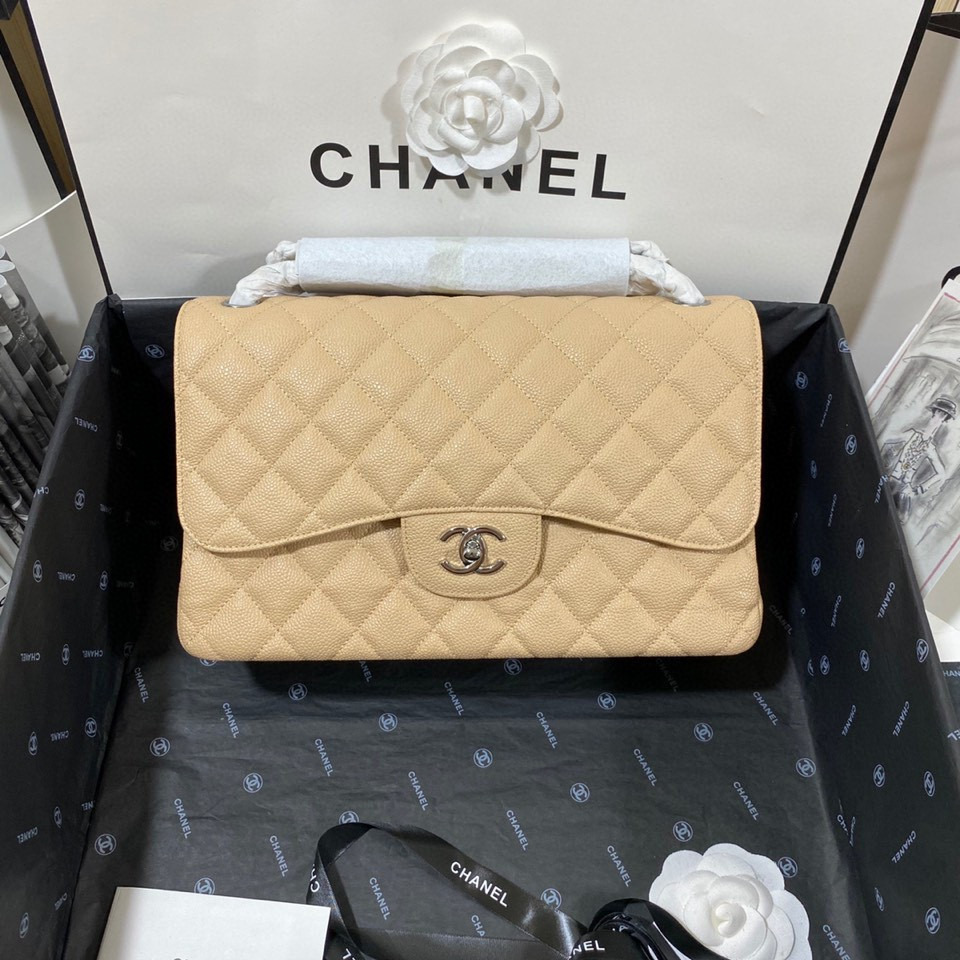 Ch**el Classic Flap Jumbo 30cm CF Khaki Silver 7.6 × 11.7 × 3.9 in