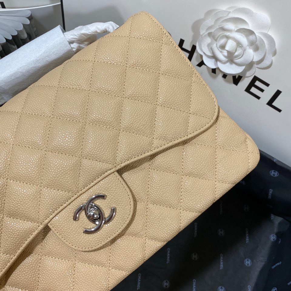 Ch**el Classic Flap Jumbo 30cm CF Khaki Silver 7.6 × 11.7 × 3.9 in