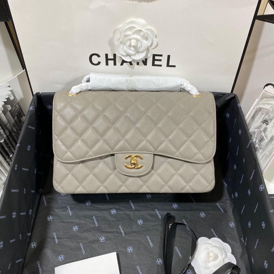 Ch**el Classic Flap Jumbo 30cm CF Grey Gold 7.6 × 11.7 × 3.9 in