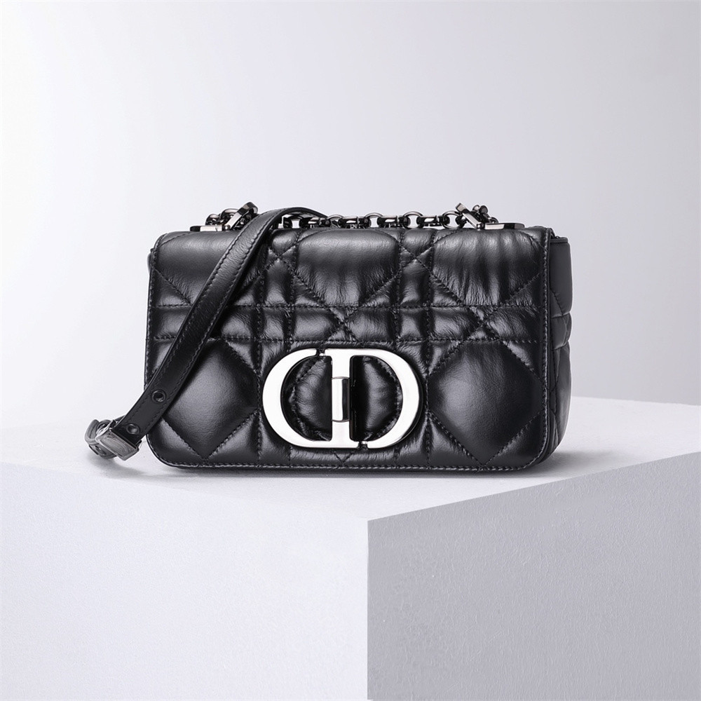 SMALL D10r CARO BAG BLACK S*pple Cannage Calfskin With Silver Hardware 20 x 12 x 7 cm