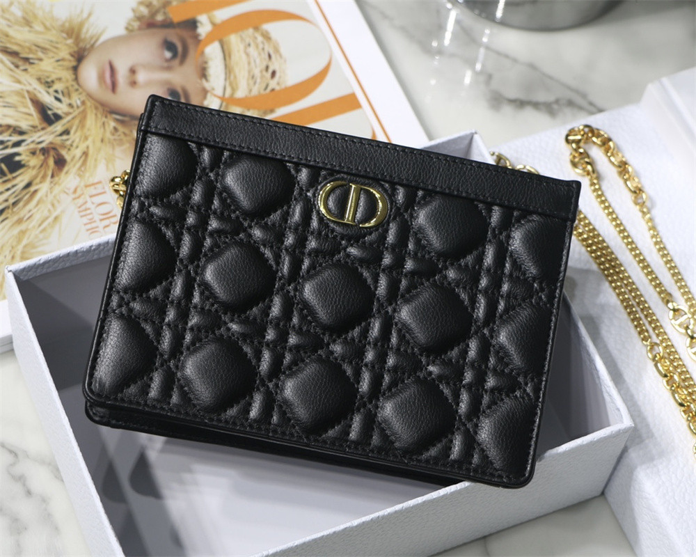 D10r CARO ZIPPED POUCH WITH CHAIN Black S*pple Cannage Calfskin 19 x 14 x 4.5 cm