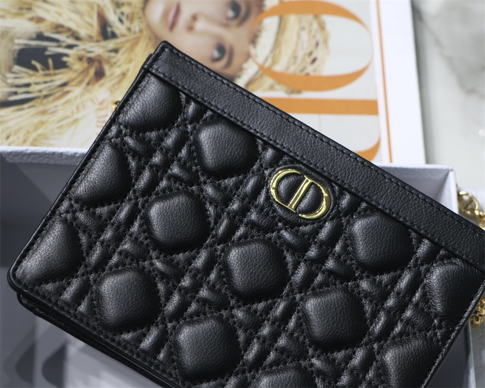 D10r CARO ZIPPED POUCH WITH CHAIN Black S*pple Cannage Calfskin 19 x 14 x 4.5 cm