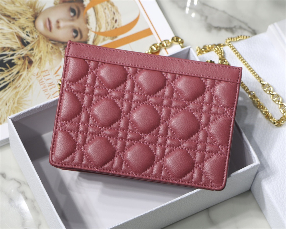 D10r CARO ZIPPED POUCH WITH CHAIN Red S*pple Cannage Calfskin 19 x 14 x 4.5 cm