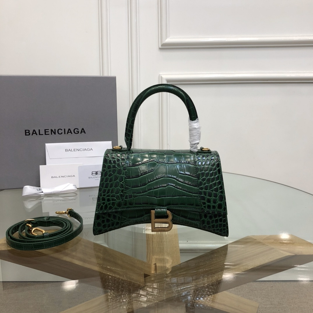 Ba1en*iaga WOMEN'S HOURGLASS SMALL HANDBAG CROCODILE EMBOSSED IN GREEN WITH GOLD HARDWARE L9 x H5.5 x W3.9 inch