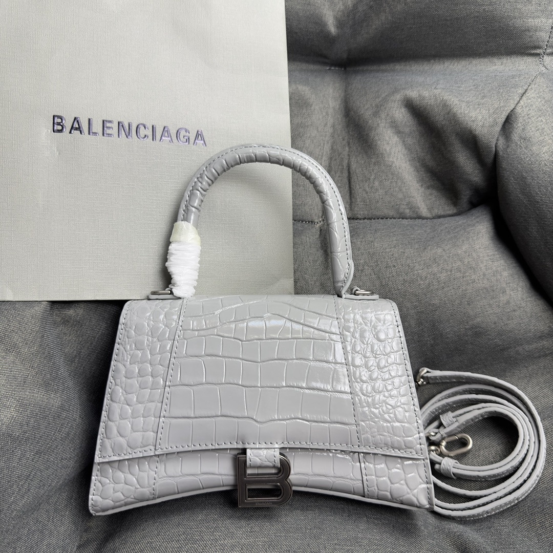 Ba1en*iaga WOMEN'S HOURGLASS SMALL HANDBAG CROCODILE EMBOSSED IN LIGHT GREY L9 x H5.5 x W3.9 inch