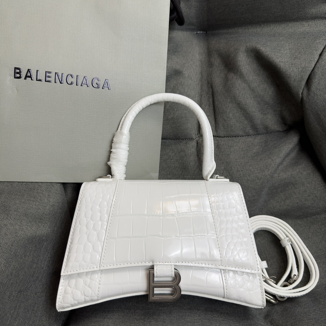 Ba1en*iaga WOMEN'S HOURGLASS SMALL HANDBAG CROCODILE EMBOSSED IN WHITE L9 x H5.5 x W3.9 inch