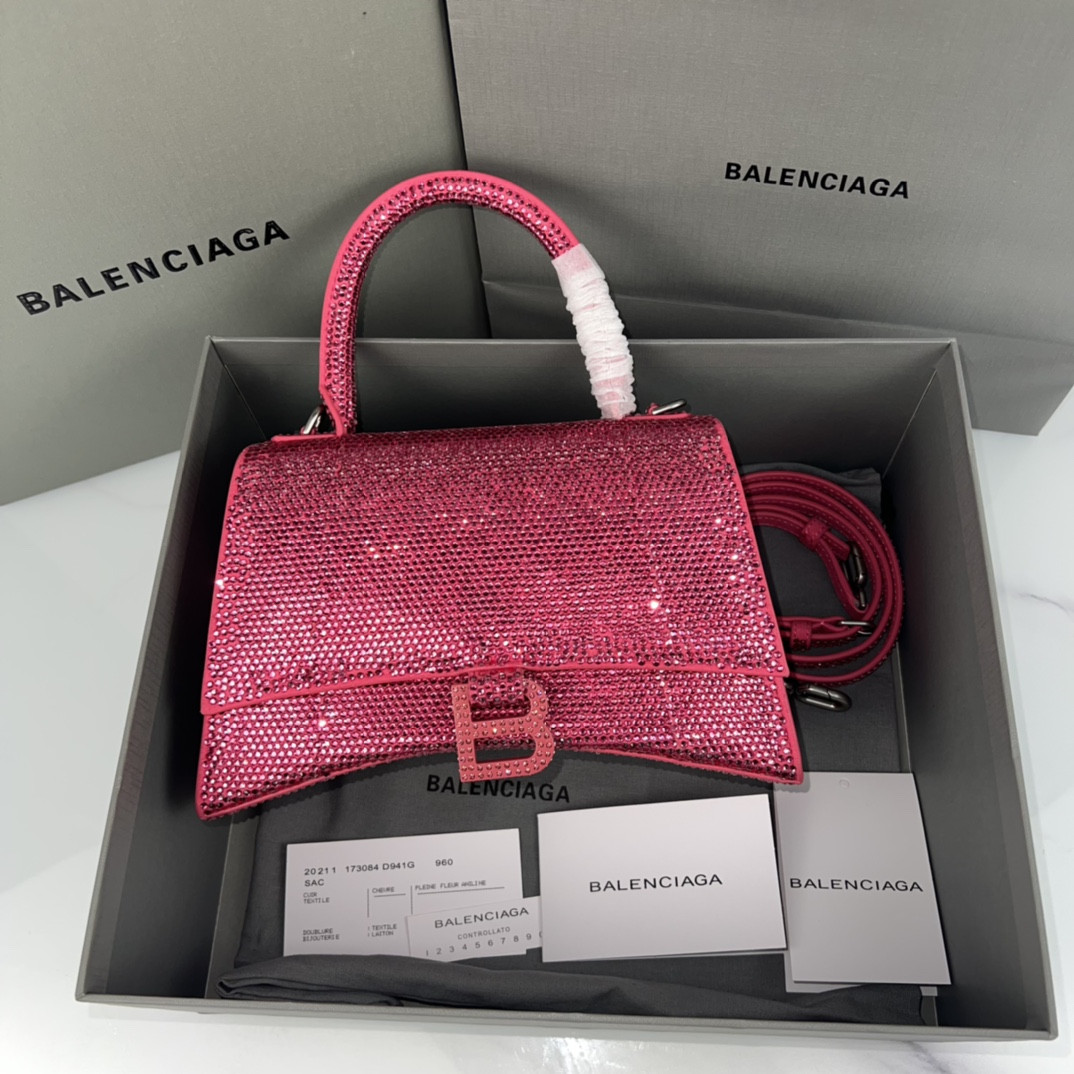 Ba1en*iaga WOMEN'S HOURGLASS SMALL HANDBAG WITH RHINESTONES ROSERED L9 x H5.5 x W3.9 inch