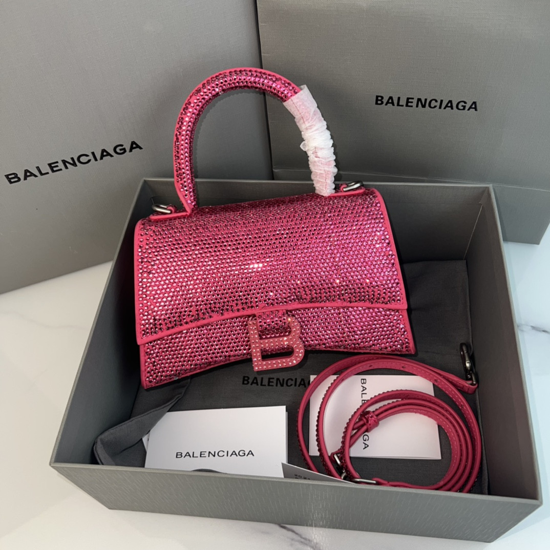 Ba1en*iaga WOMEN'S HOURGLASS MINI HANDBAG With Rhinestones Rosered L7.4 x H5.1 x W3.1 inch