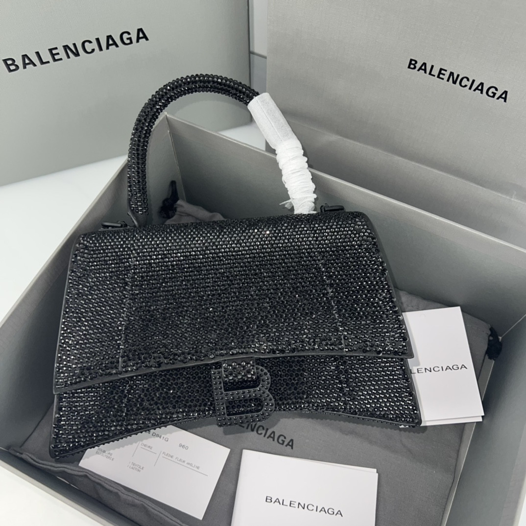 Ba1en*iaga WOMEN'S HOURGLASS SMALL HANDBAG WITH RHINESTONES BLACK L9 x H5.5 x W3.9 inch