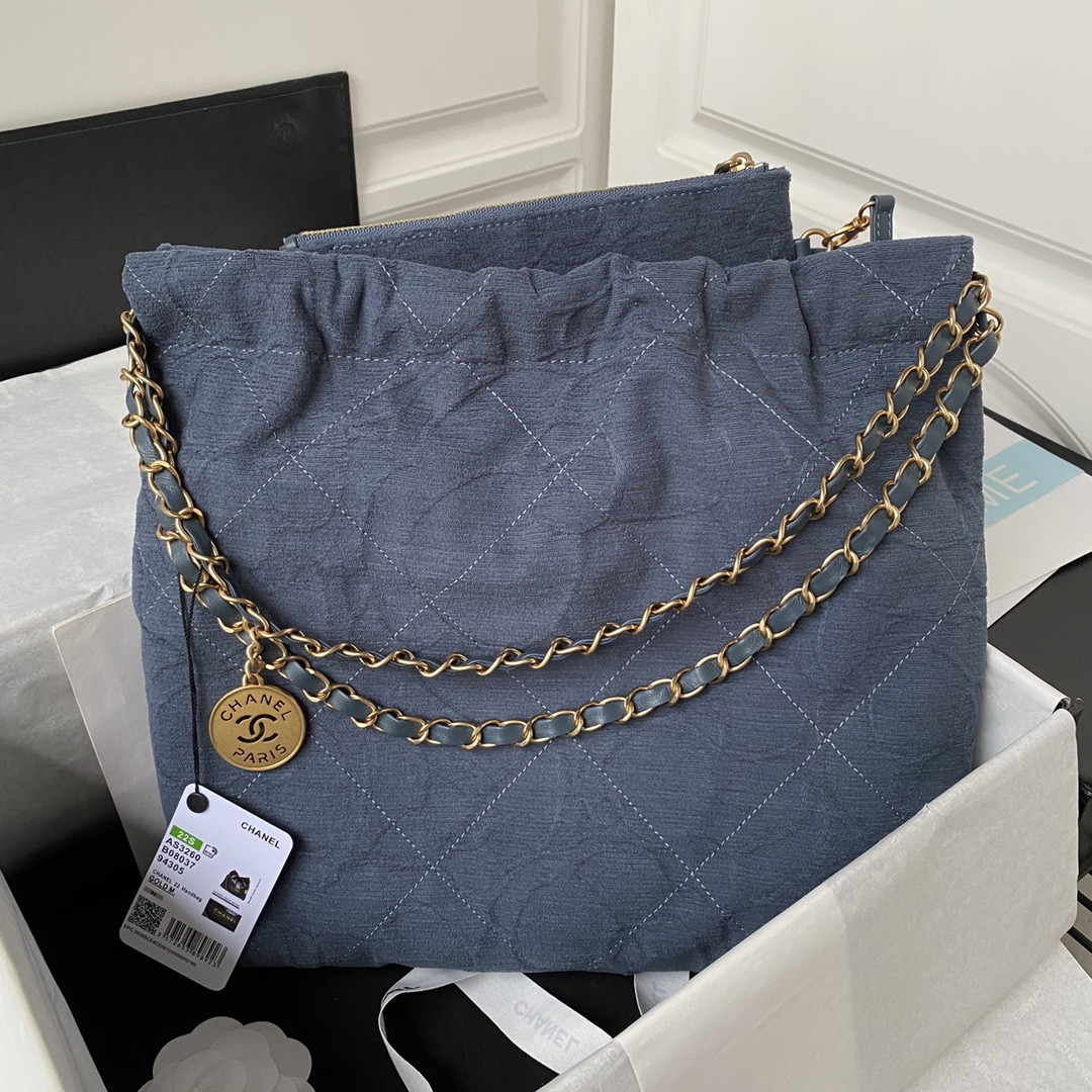 Ch**el 22 SMALL HANDBAG velvet NAVY 13.7×14.4×2.7 in