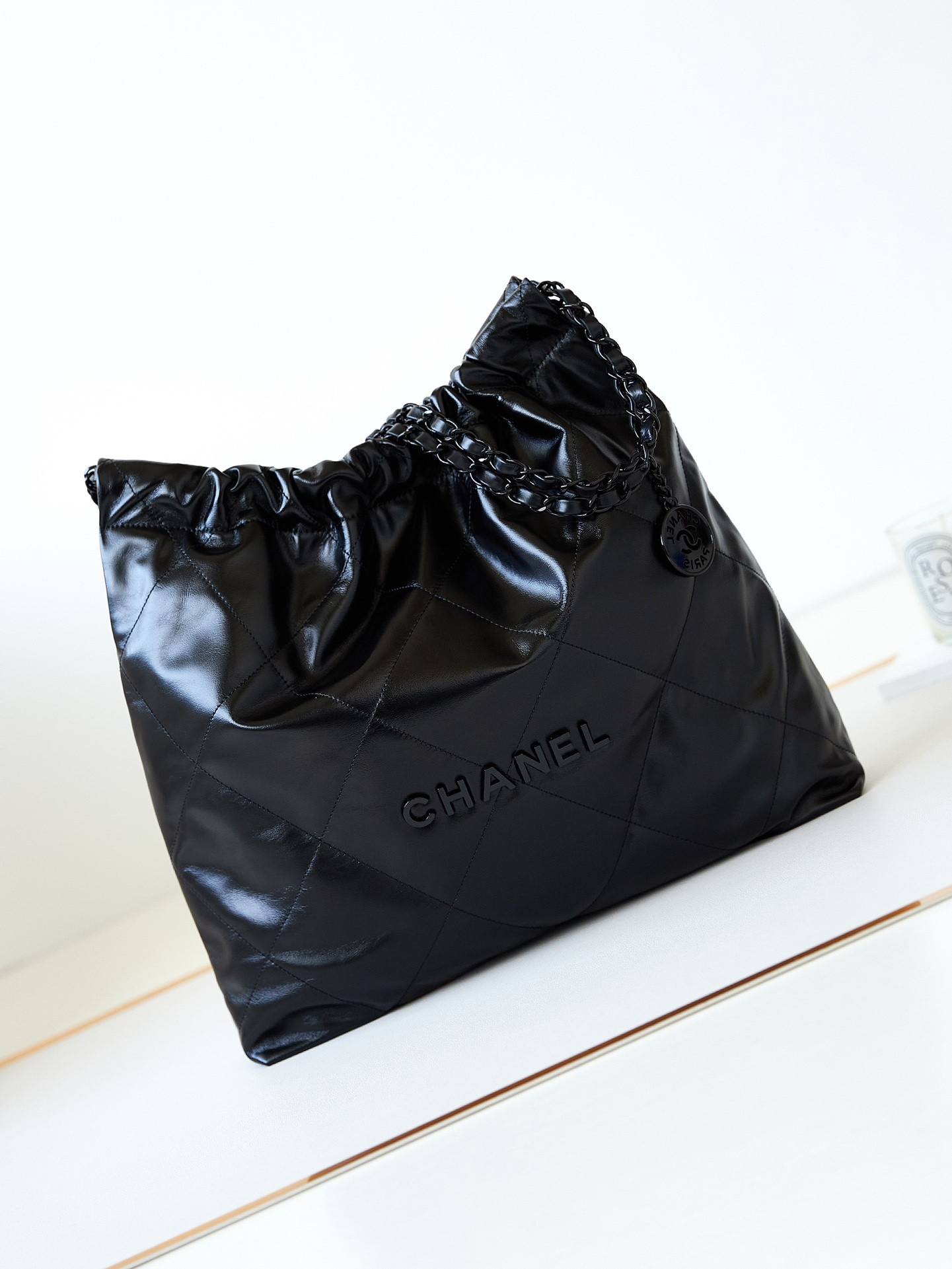 Ch**el 22 HANDBAG Shiny Calfskin ALL Black 15.2×16.4×3.1 in