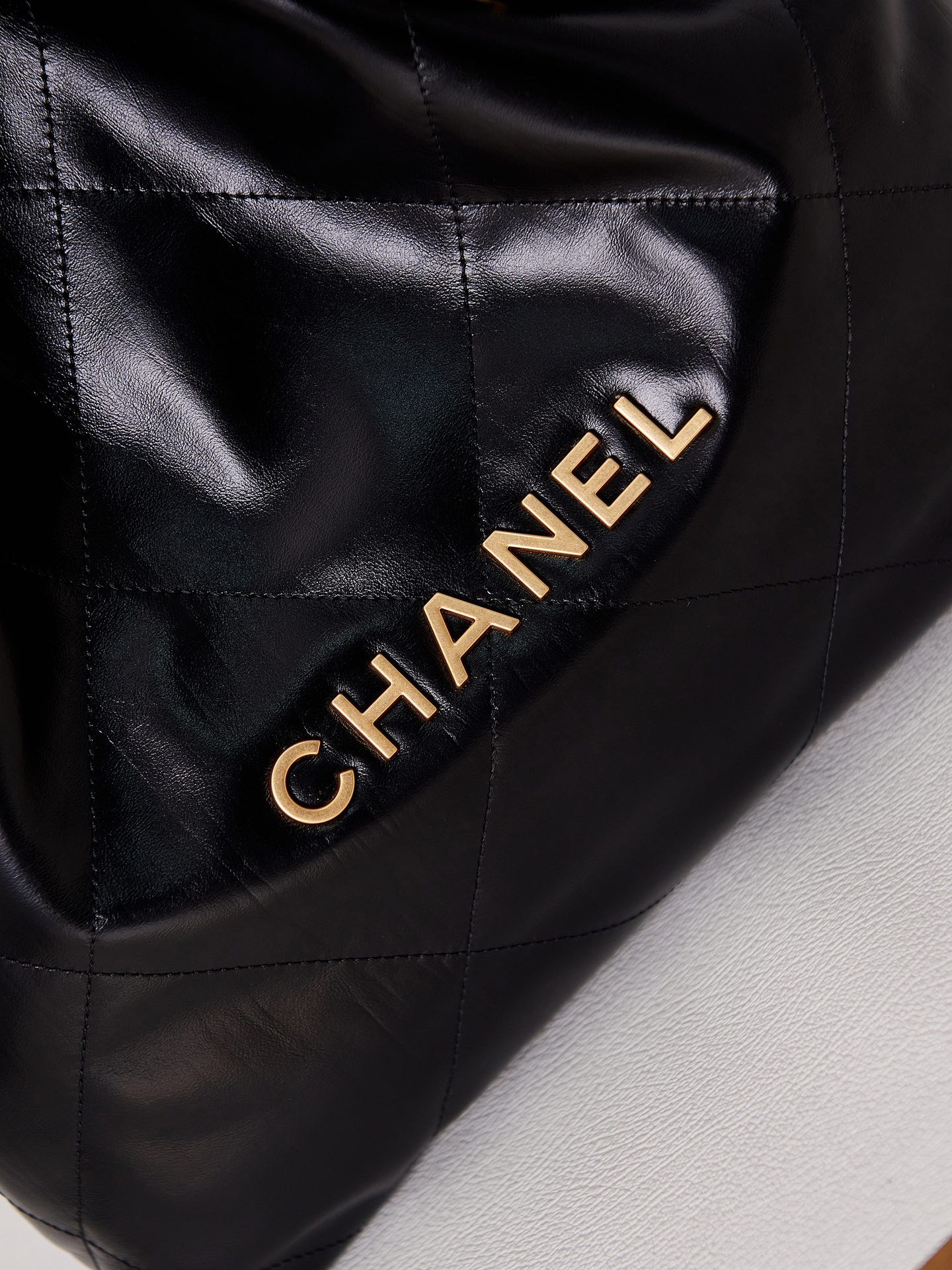 Ch**el 22 SMALL HANDBAG Shiny Calfskin & GOLD Metal BLACK 13.7×14.4×2.7 in