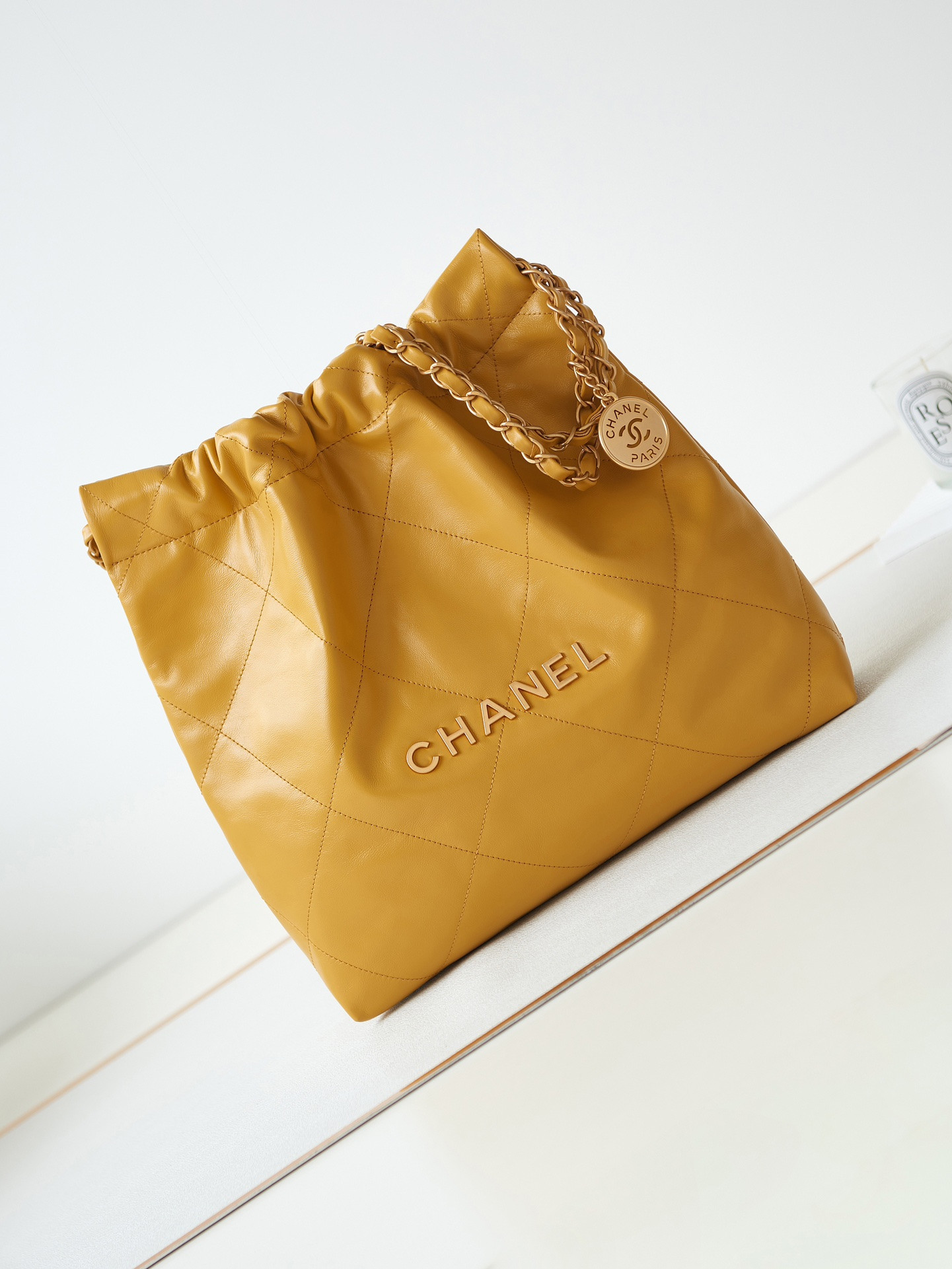 Ch**el 22 SMALL HANDBAG Shiny Calfskin YELLOW 13.7×14.4×2.7 in