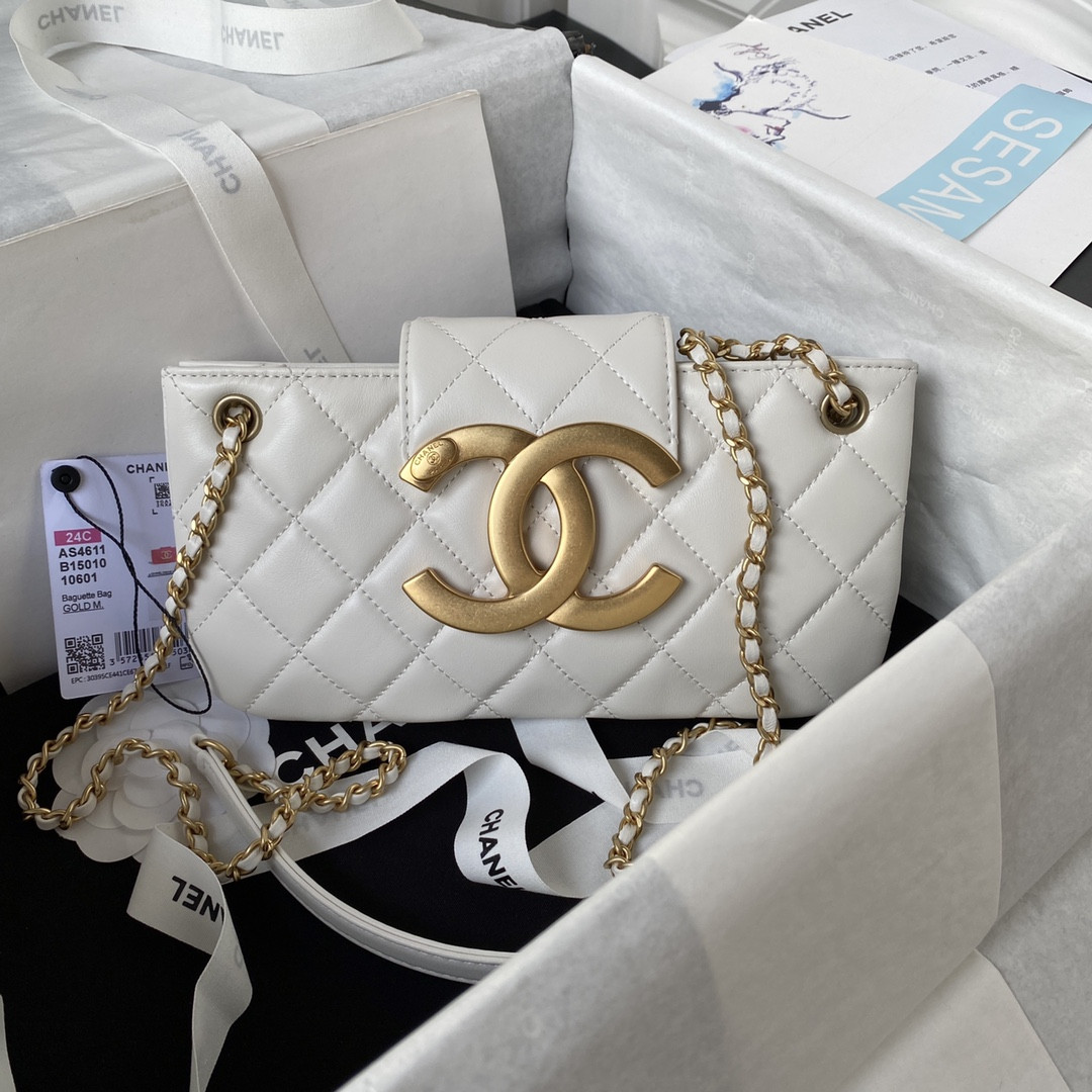 Ch**el BAGUETTE BAG WHITE 4.5 × 9.4 × 1.8 in