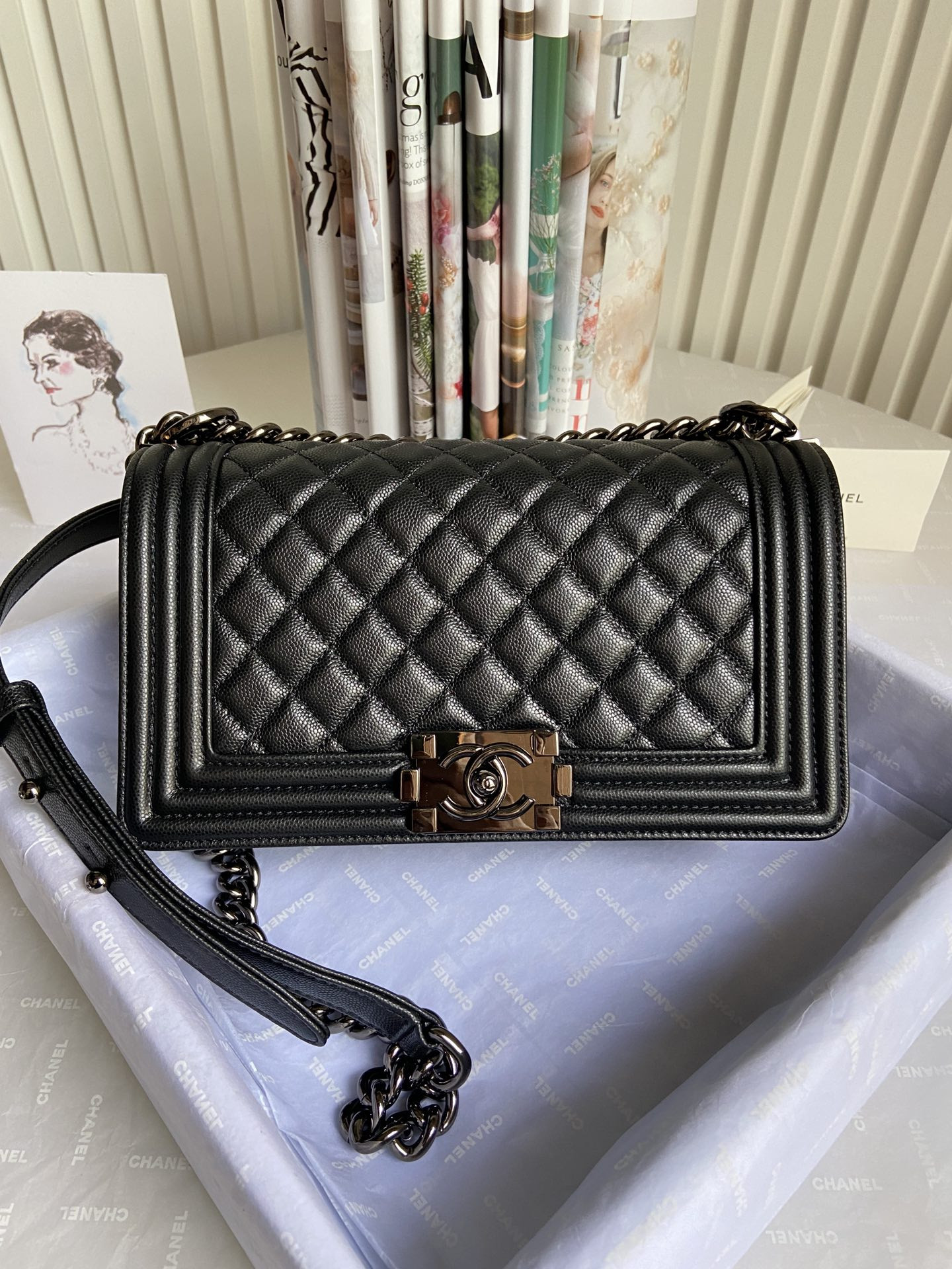 BOY Ch**el HANDBAG Shiny Grained Calfskin Black 5.9 × 9.8 × 3.5 in
