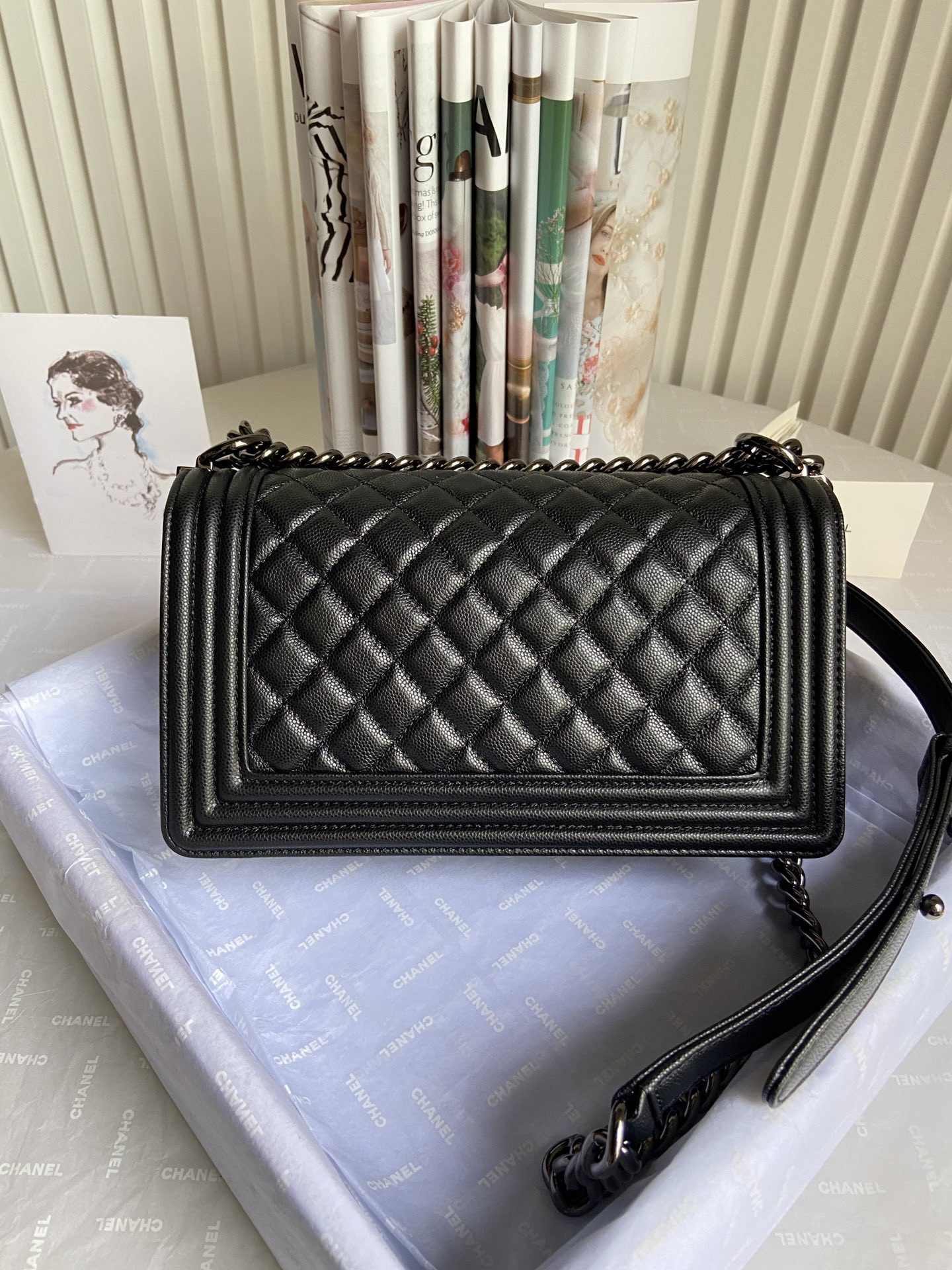BOY Ch**el HANDBAG Shiny Grained Calfskin Black 5.9 × 9.8 × 3.5 in