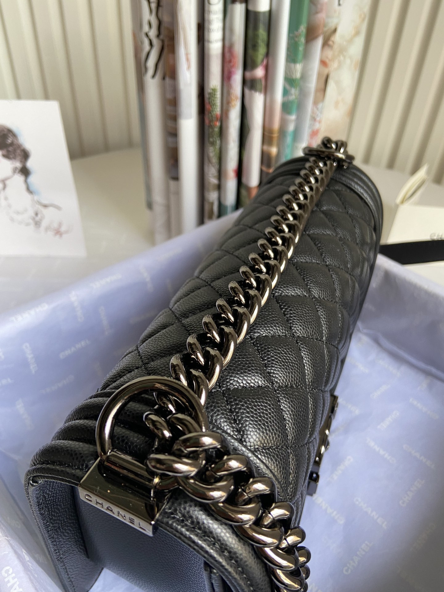 BOY Ch**el HANDBAG Shiny Grained Calfskin Black 5.9 × 9.8 × 3.5 in