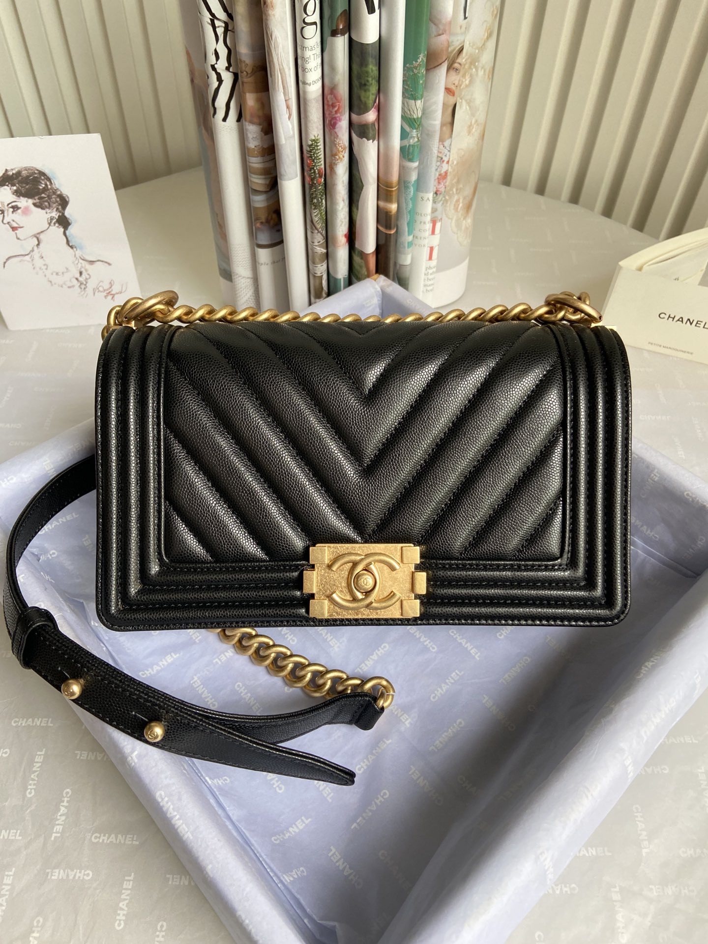 BOY Ch**el HANDBAG Shiny Grained Calfskin Black 5.9 × 9.8 × 3.5 in
