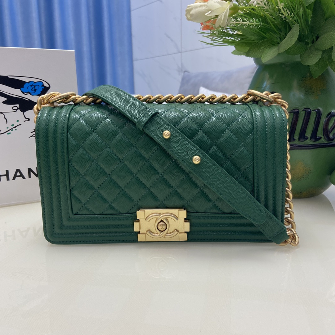 BOY Ch**el HANDBAG Shiny Grained Calfskin & Gold-Tone Metal Green 5.9 × 9.8 × 3.5 in