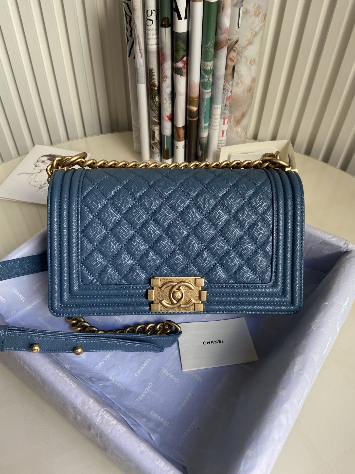 BOY Ch**el HANDBAG Shiny Grained Calfskin & Gold-Tone Metal Blue 5.9 × 9.8 × 3.5 in