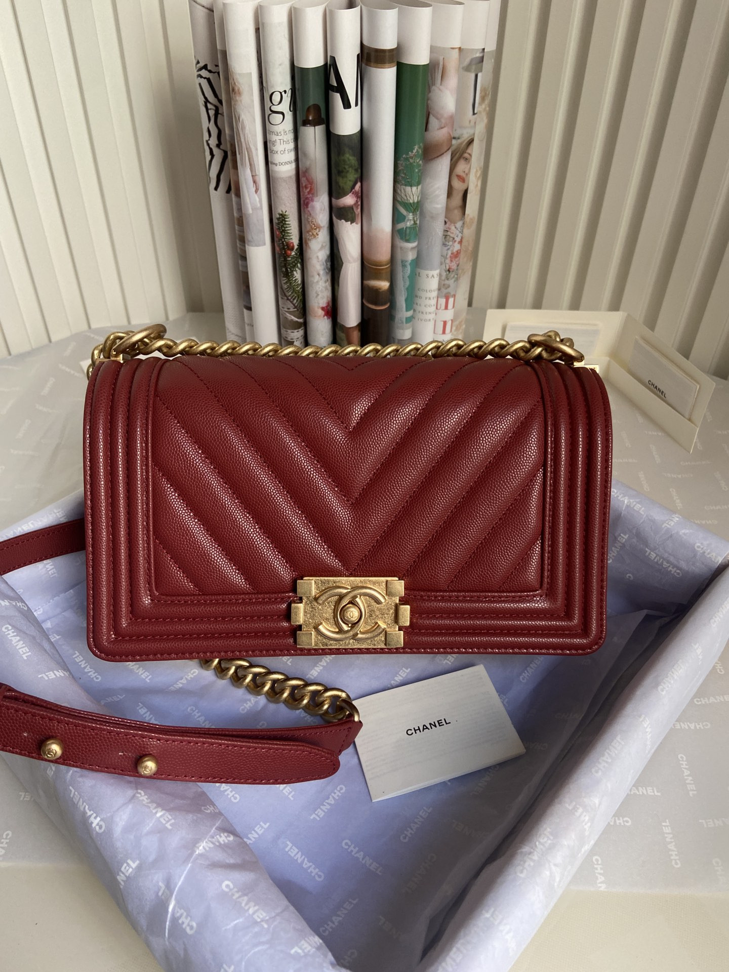 BOY Ch**el HANDBAG Shiny Grained Calfskin & Gold-Tone Metal red 5.9 × 9.8 × 3.5 in