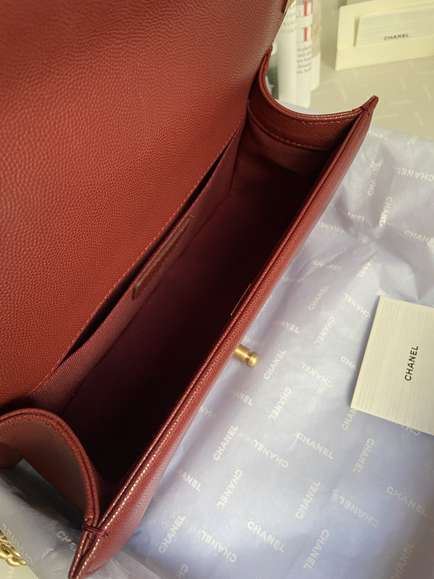 BOY Ch**el HANDBAG Shiny Grained Calfskin & Gold-Tone Metal red 5.9 × 9.8 × 3.5 in