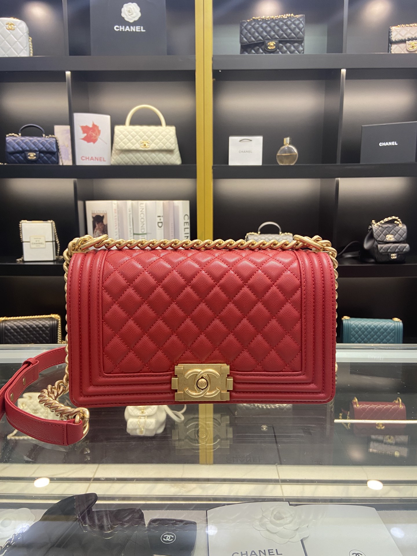 BOY Ch**el HANDBAG Shiny Red Grained Calfskin & Gold-Tone Metal 5.9 × 9.8 × 3.5 in