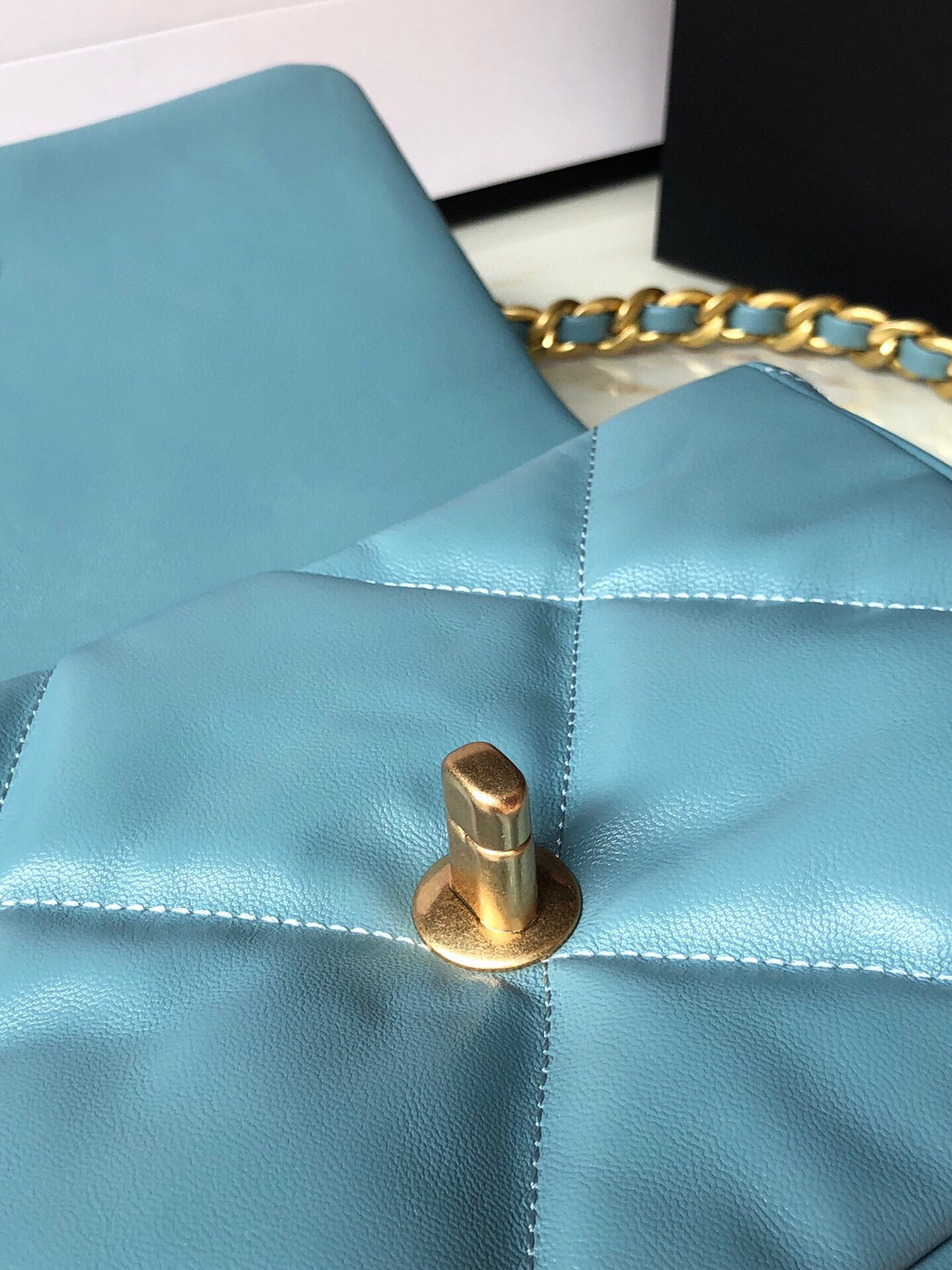 Ch**el 19 HANDBAG Shiny Leather, Gold-Tone, Silver-Tone & Ruthenium-Finish Metal Blue 6.2 × 10.1 × 3.5 in