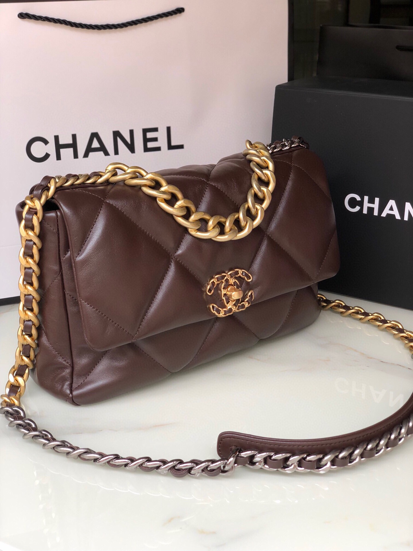 Ch**el 19 LARGE HANDBAG Shiny Leather, Gold-Tone, Silver-Tone & Ruthenium-Finish Metal Brown 7.8 × 11.7 × 3.9 in
