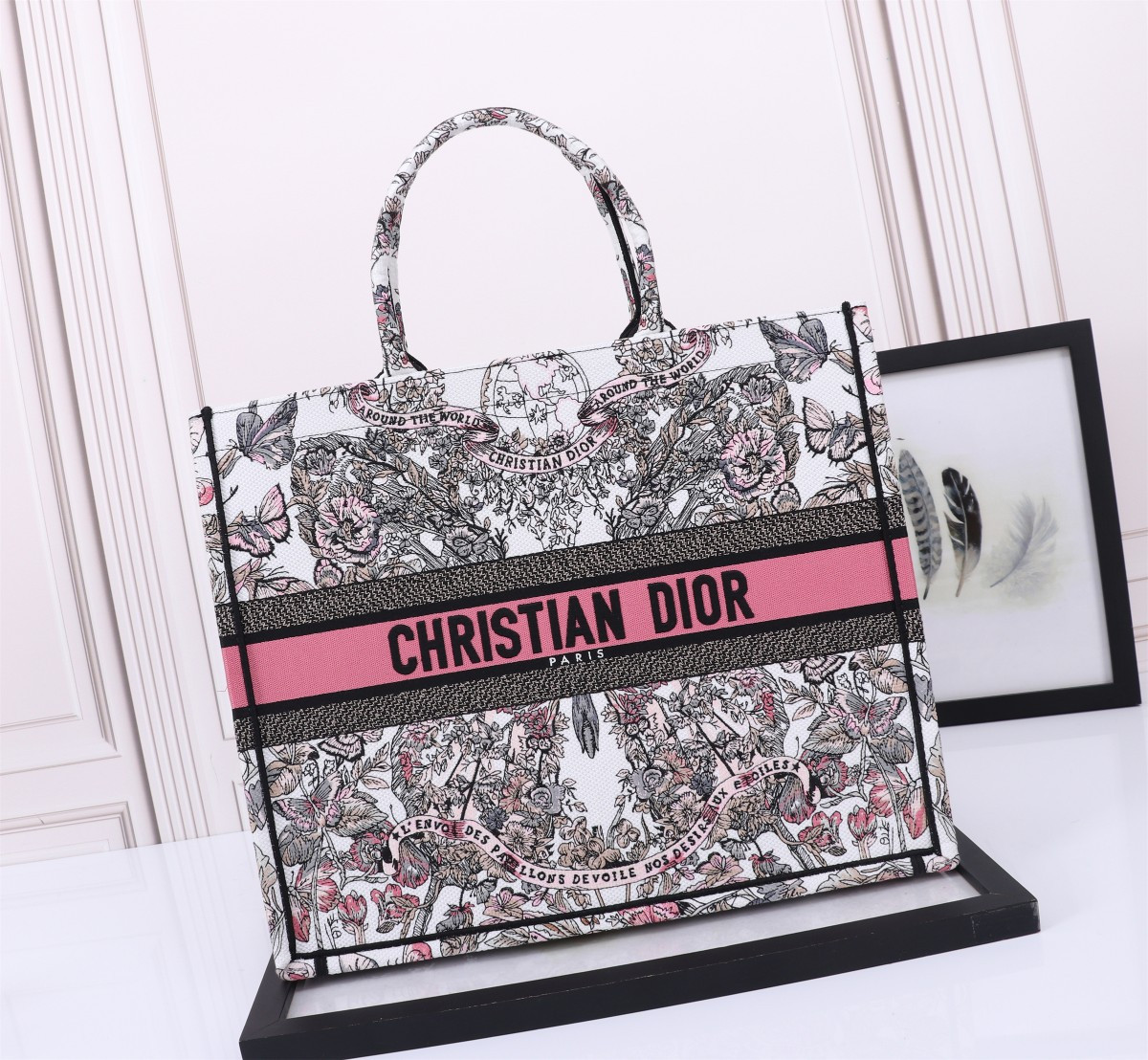 Large D10r BOOK TOTE WHITE AND PASTEL PINK BUTTERFLY AROUND THE WORLD EMBROIDERY 16.5 x 14 x 7.5 inches