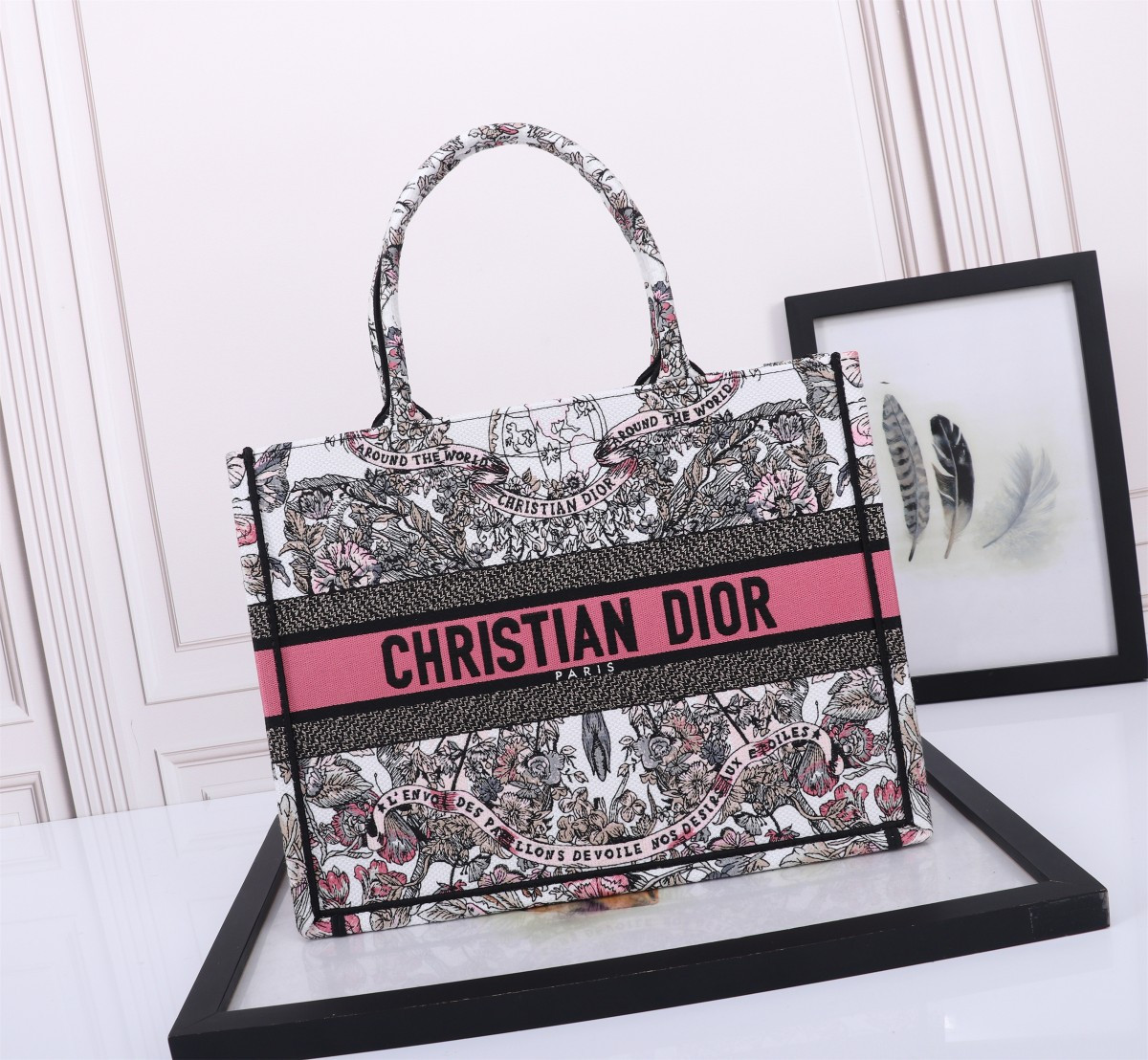 Medium D10r Book Tote  White and Pastel Pink Butterfly Around The World Embroidery 14 x 11 x 6.5 inches