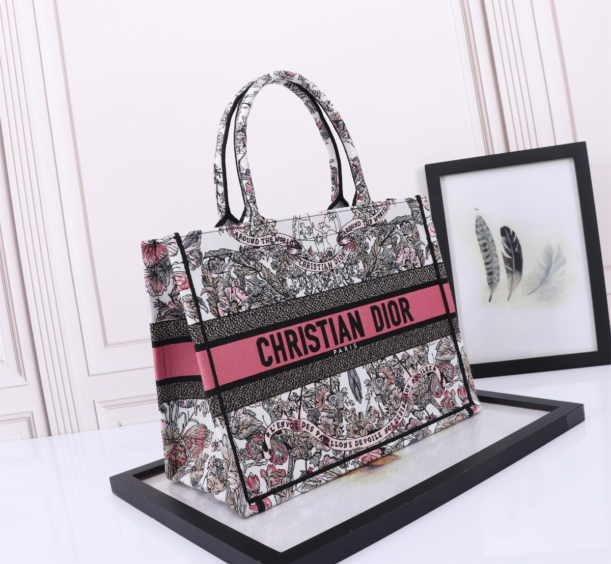 Medium D10r Book Tote  White and Pastel Pink Butterfly Around The World Embroidery 14 x 11 x 6.5 inches