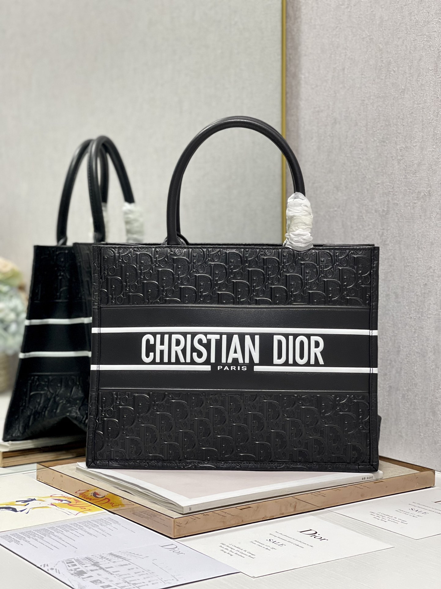 Calfskin Embossed Medium D10r Book Tote Black WHITE 14 x 11 x 6.5 inches