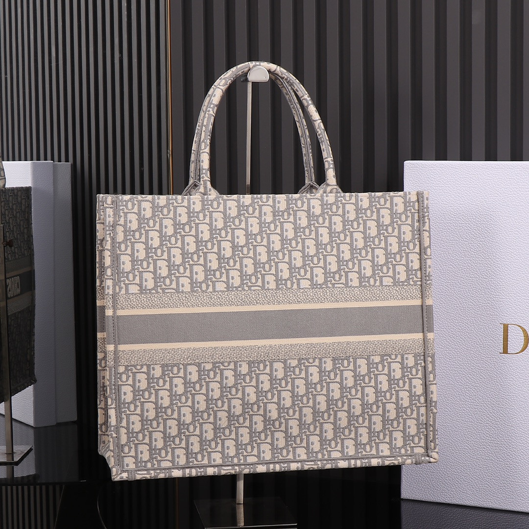 Large D10r Book Tote Ecru and Gray D10r Oblique Embroidery 16.5 x 14 x 7.5 inches