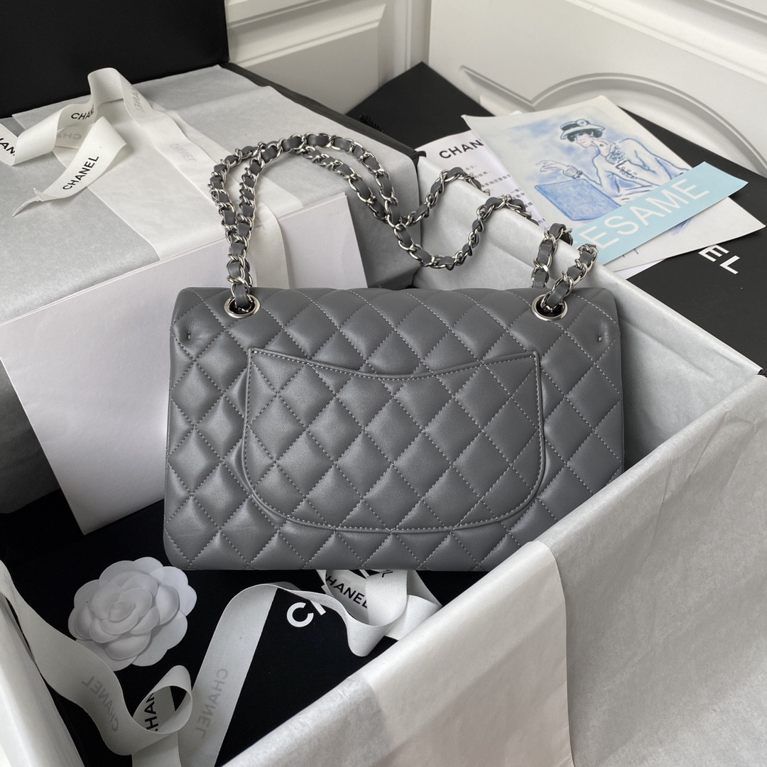 Ch**el CLASSIC HANDBAG GRAINED SHINY CALFSKIN & SILVER-TONE METAL GRAY 6 × 9.9 × 2.5 in