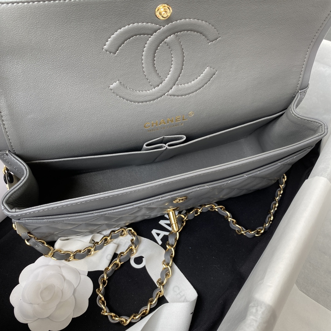 Ch**el CLASSIC HANDBAG GRAINED SHINY CALFSKIN & GOLD-TONE METAL GRAY 6 × 9.9 × 2.5 in