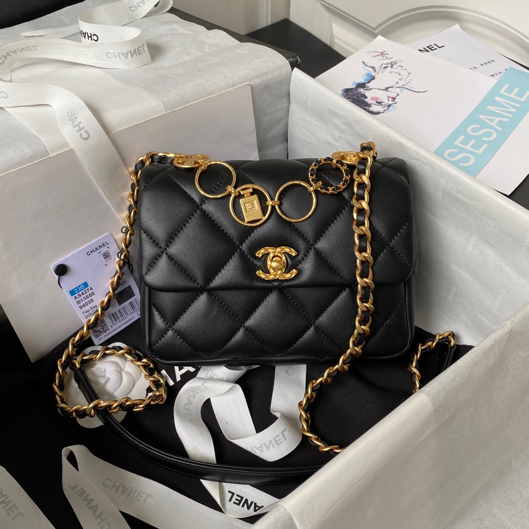 Ch**el MINI FLAP BAG BLACK 5.3 × 6.6 × 3.1 in