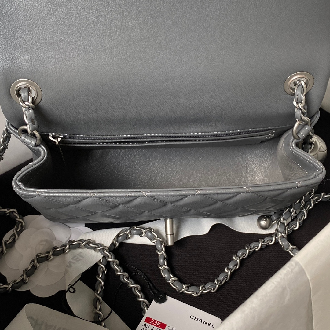 Ch**el MINI FLAP BAG SHINY CALFSKIN & SILVER-TONE METAL GRAY 4.7 × 7.8 × 2.3 in