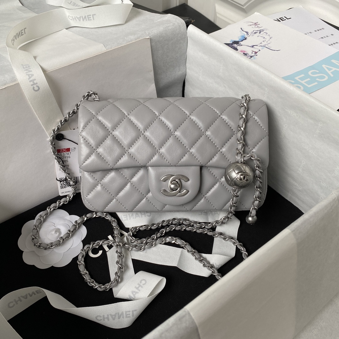 Ch**el MINI FLAP BAG SHINY CALFSKIN & SILVER-TONE METAL LIGHT GRAY 4.7 × 7.8 × 2.3 in