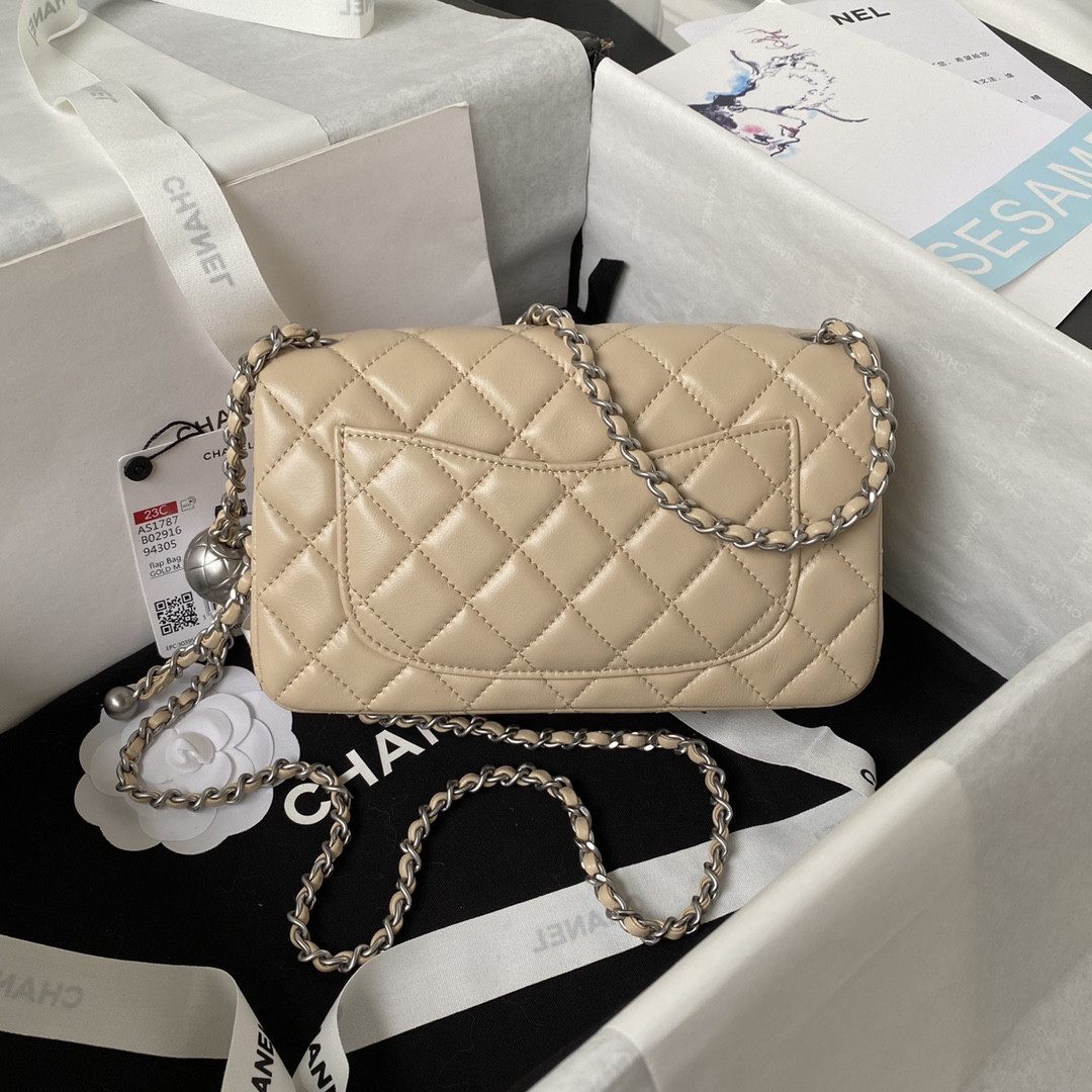 Ch**el MINI FLAP BAG SHINY CALFSKIN & SILVER-TONE METAL LIGHT beige 4.7 × 7.8 × 2.3 in