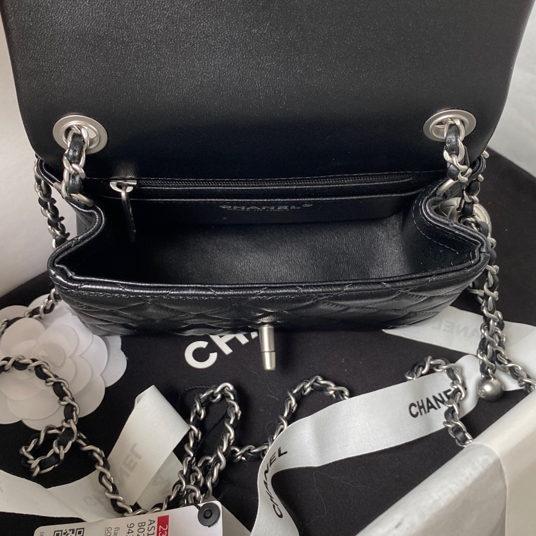 Ch**el MINI FLAP BAG SHINY CALFSKIN & SILVER-Tone METAL BLACK 5.3 × 6.6 × 3.1 in