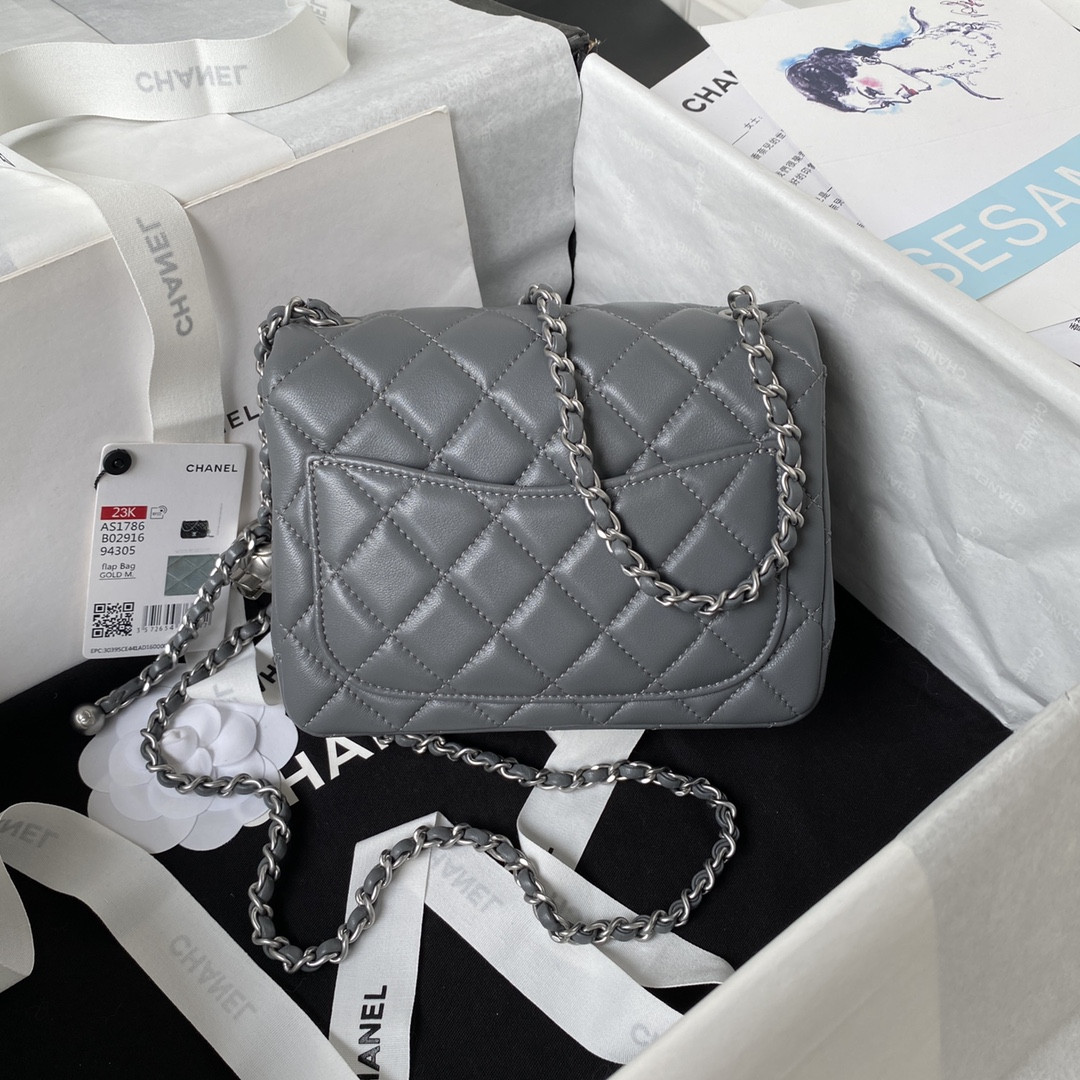 Ch**el MINI FLAP BAG SHINY CALFSKIN & SILVER-Tone METAL GRAY 5.3 × 6.6 × 3.1 in