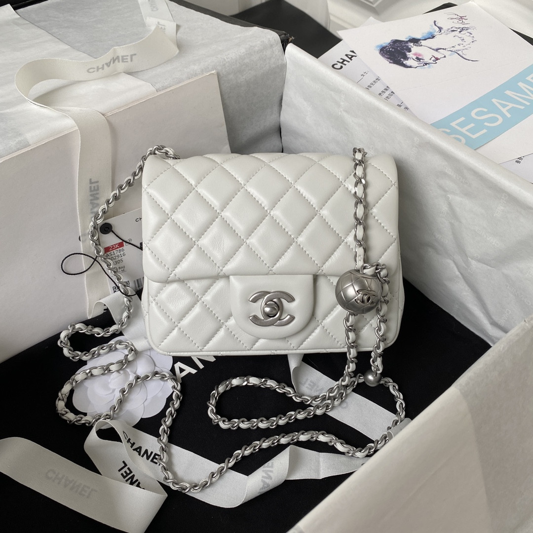 Ch**el MINI FLAP BAG SHINY CALFSKIN & SILVER-Tone METAL WHITE 5.3 × 6.6 × 3.1 in