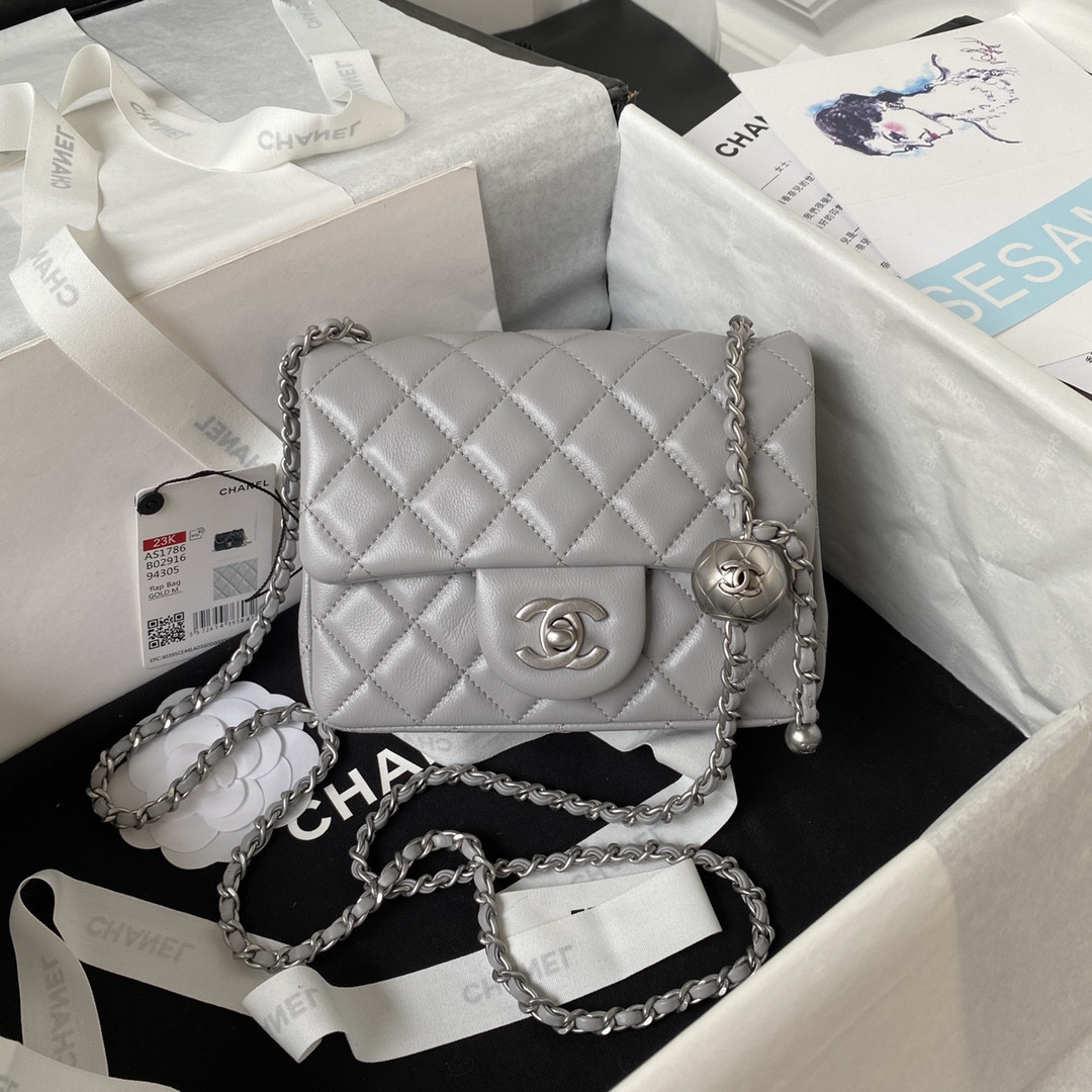 Ch**el MINI FLAP BAG SHINY CALFSKIN & SILVER-Tone METAL LIGHT GRAY 5.3 × 6.6 × 3.1 in