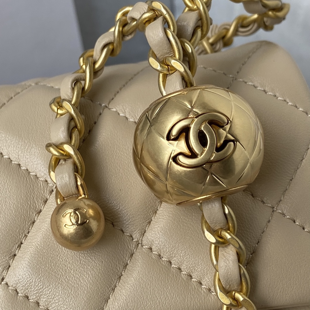 Ch**el MINI FLAP BAG SHINY CALFSKIN & gold-TONE METAL LIGHT beige 4.7 × 7.8 × 2.3 in