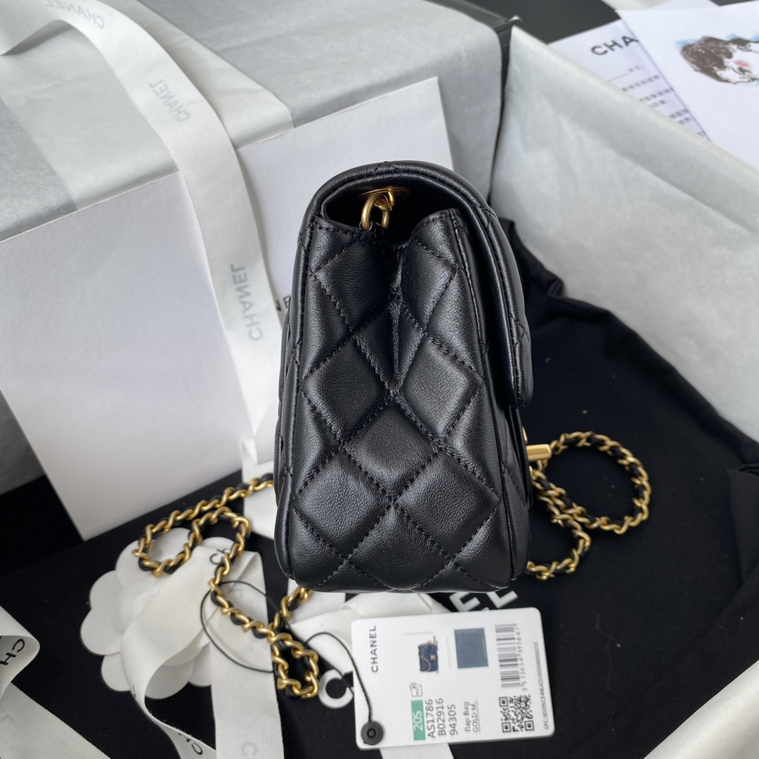 Ch**el MINI FLAP BAG SHINY CALFSKIN & Gold-Tone METAL BLack 5.3 × 6.6 × 3.1 in