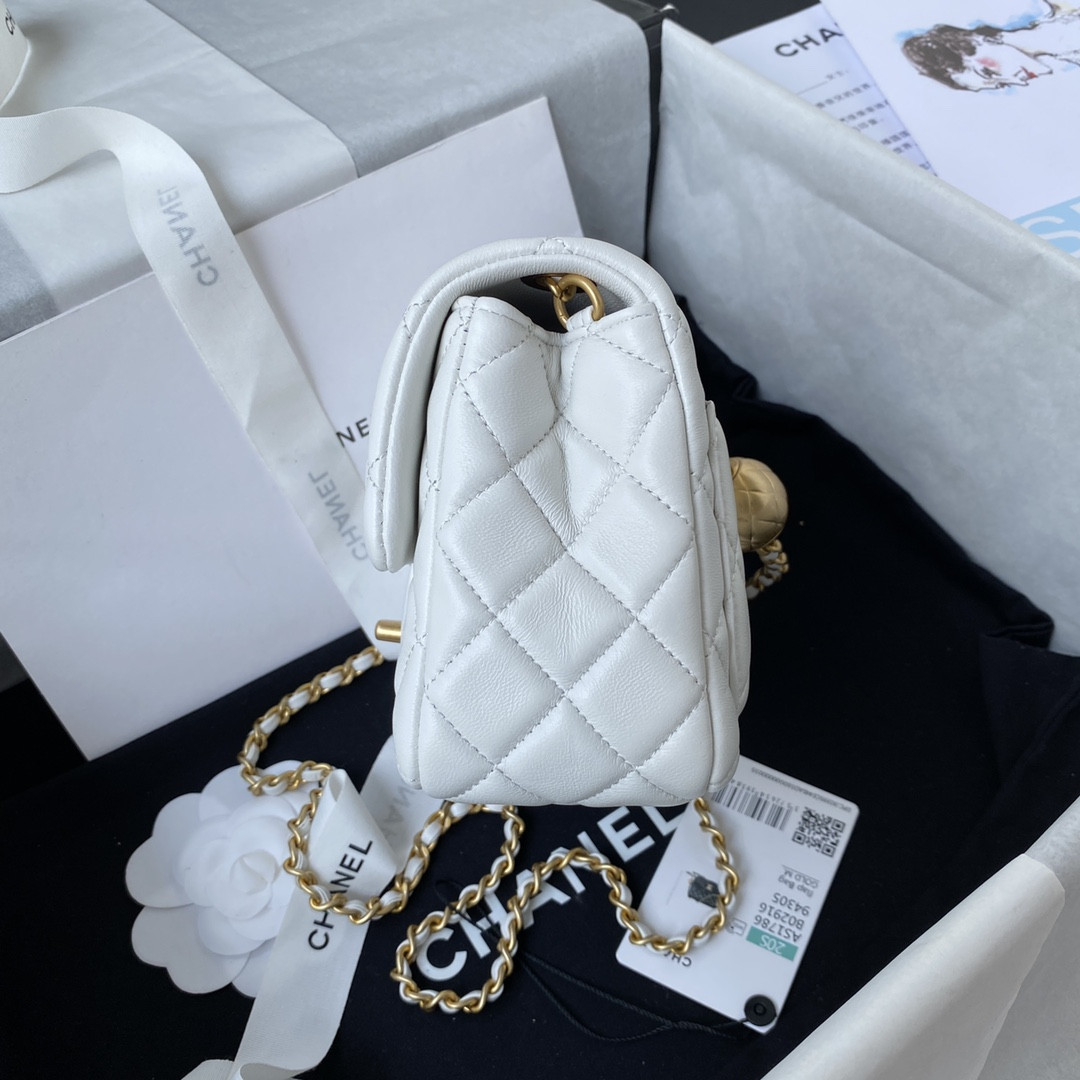 Ch**el MINI FLAP BAG SHINY CALFSKIN & Gold-Tone METAL WHITE 5.3 × 6.6 × 3.1 in