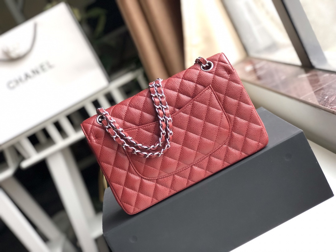 Ch**el CLASSIC HANDBAG GRAINED CALFSKIN & SILVER-TONE METAL red 6 × 9.9 × 2.5 in